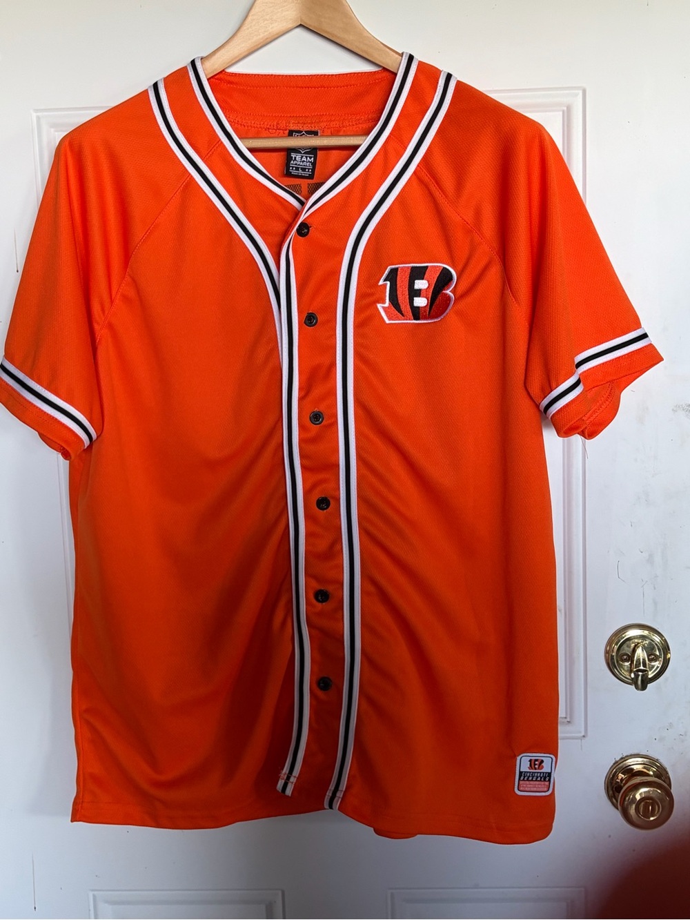Men's Short-Sleeve Orange Button-Up Football Jersey with Team Patch